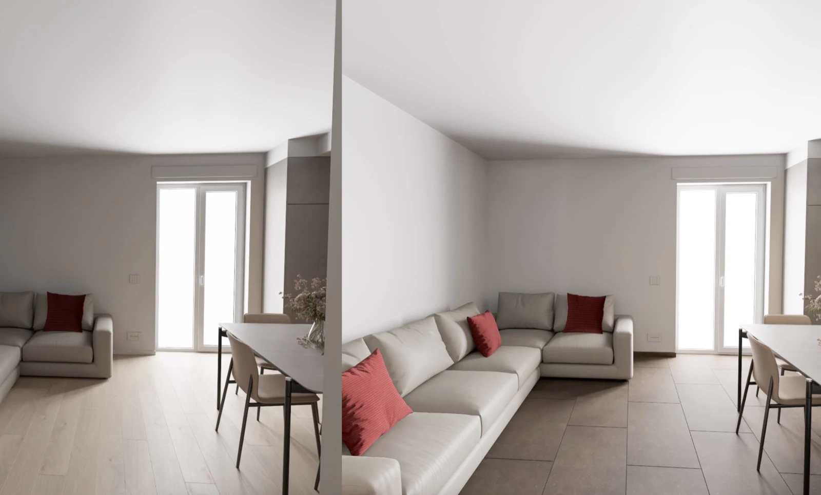 Confronto affiancamento rendering appartamento